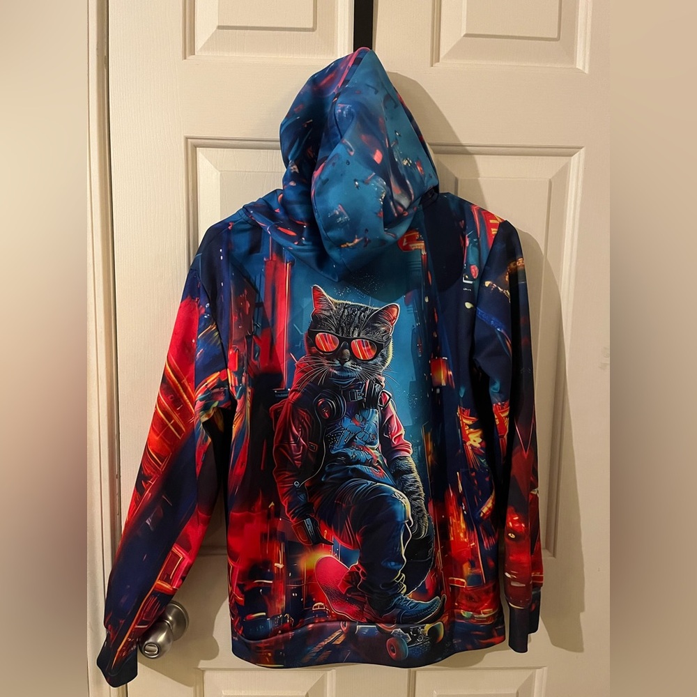 Stylish Cat Print Kids Hoodie,Blue and Red - Picture 3 of 3